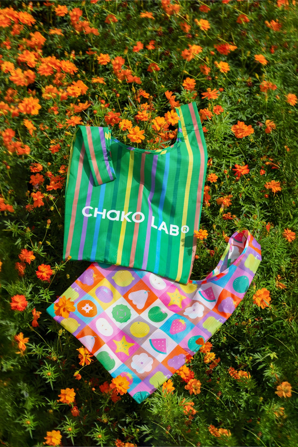 Chako Reusable Bag Green Stripe flat lay with items